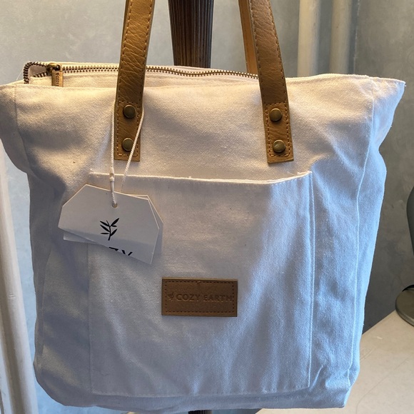cozy earth Handbags - Cozy Earth White Canvas Tote with Tan Leather Handles